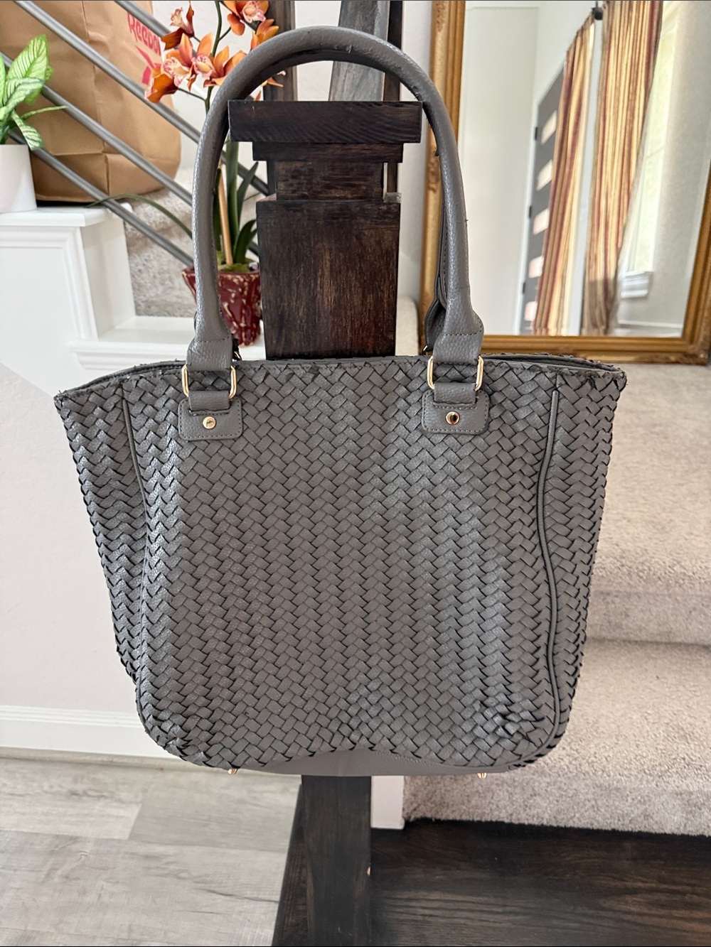 Deux Lux Gray Woven Tote with Gold-Tone Accents